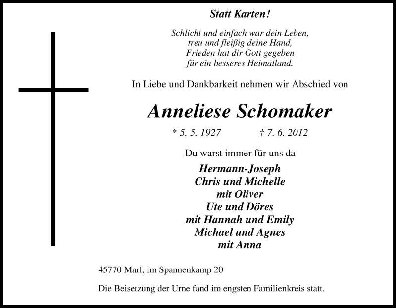 Traueranzeige für Anneliese Schomaker vom 27.06.2012 aus Tageszeitung