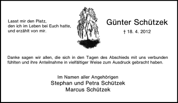 Traueranzeige von Günter Schützek von Tageszeitung