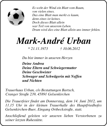 Traueranzeige von Mark-André Urban von Tageszeitung