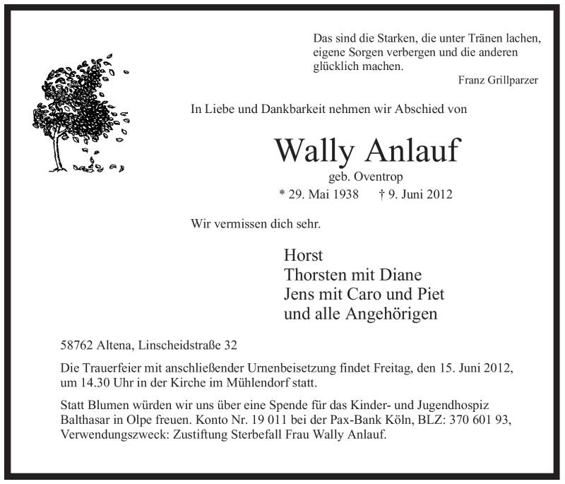  Traueranzeige für Wally Anlauf vom 12.06.2012 aus Tageszeitung