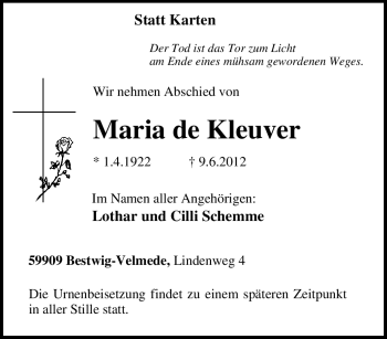 Traueranzeige von Maria de Kleuver von Tageszeitung
