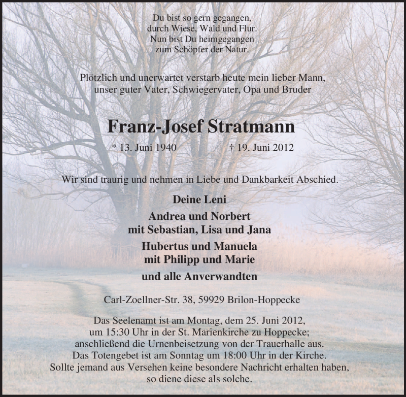  Traueranzeige für Franz-Josef Stratmann vom 21.06.2012 aus Tageszeitung