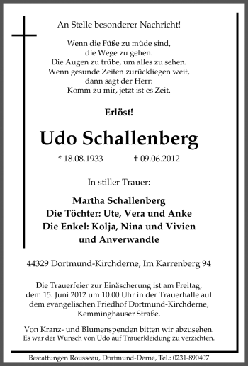Traueranzeige von Udo Schallenberg von Tageszeitung