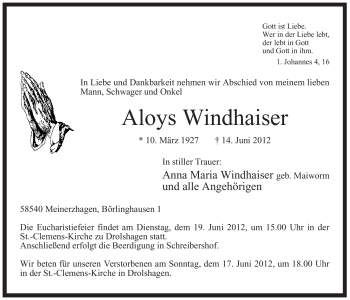 Traueranzeige von Aloys Windhaiser von Tageszeitung