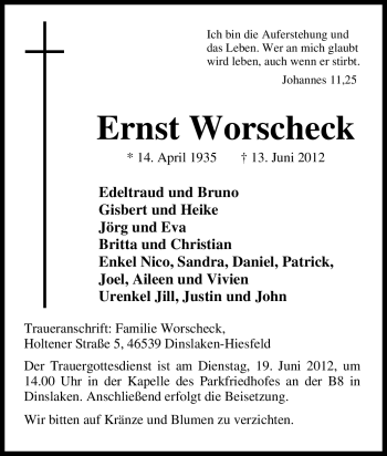 Traueranzeige von Ernst Worscheck von Tageszeitung