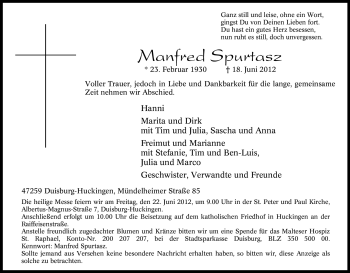 Traueranzeige von Manfred Spurtasz von Tageszeitung