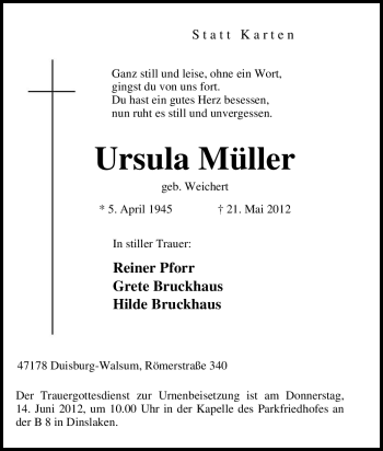 Traueranzeige von Ursula Müller von Tageszeitung