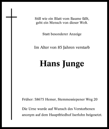 Traueranzeige von Hans Junge von Tageszeitung