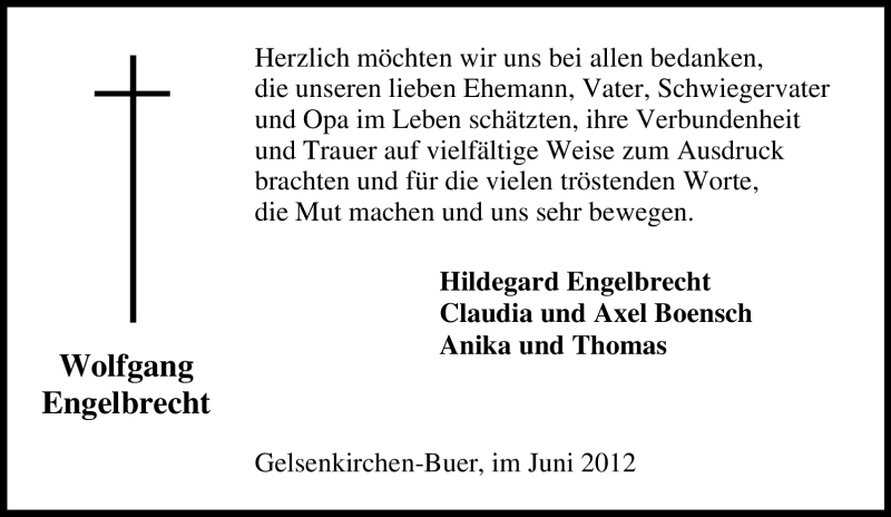  Traueranzeige für Wolfgang Engelbrecht vom 04.06.2012 aus Tageszeitung