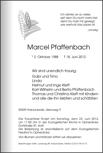 Traueranzeige von Marcel Pfaffenbach von Tageszeitung