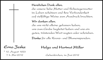 Traueranzeige von Erna Jeske von Tageszeitung