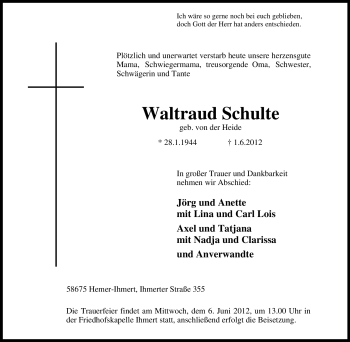 Traueranzeige von Waltraud Schulte von Tageszeitung