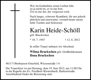 Traueranzeige von Karin Heide-Schöll von Tageszeitung