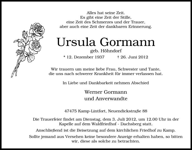  Traueranzeige für Ursula Gormann vom 28.06.2012 aus Tageszeitung