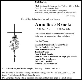 Traueranzeige von Anneliese Bracke von Tageszeitung