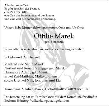 Traueranzeige von Ottilie Marek von Tageszeitung