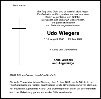 Traueranzeige von Udo Wiegers von Tageszeitung