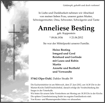 Traueranzeige von Anneliese Besting von Tageszeitung
