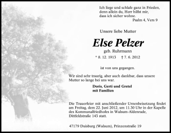 Traueranzeige von Else Pelzer von Tageszeitung