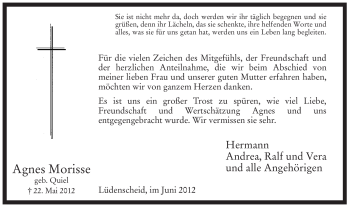 Traueranzeige von Agnes Morisse von Tageszeitung