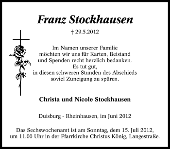 Traueranzeige von Franz Stockhausen von Tageszeitung