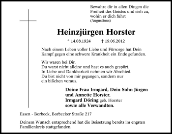 Traueranzeige von Heinzjürgen Horster von Tageszeitung