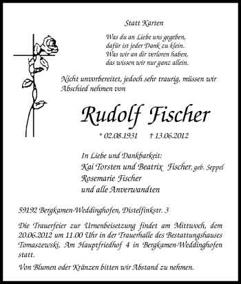 Traueranzeige von Rudolf Fischer von Tageszeitung