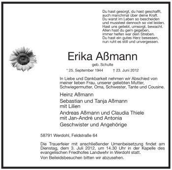 Traueranzeige von Erika Aßmann von Tageszeitung