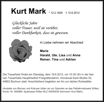 Traueranzeige von Kurt Mark von Tageszeitung