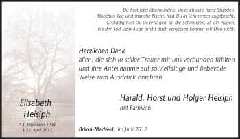 Traueranzeige von Elisabeth Heisiph von Tageszeitung