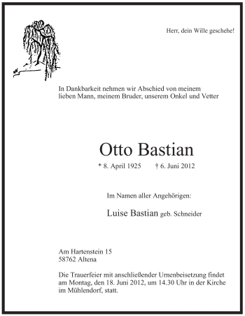 Traueranzeige von Otto Bastian von Tageszeitung