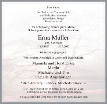 Traueranzeige von Erna Müller von Tageszeitung