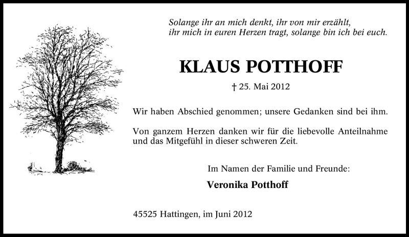  Traueranzeige für Klaus Potthoff vom 16.06.2012 aus Tageszeitung