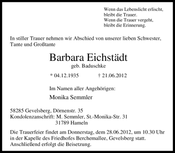 Traueranzeige von Barbara Eichstädt von Tageszeitung