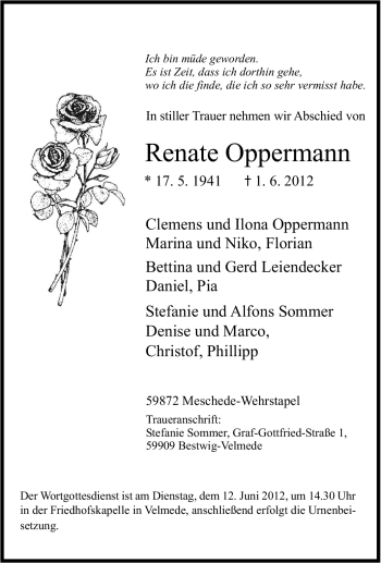Traueranzeige von Renate Oppermann von Tageszeitung
