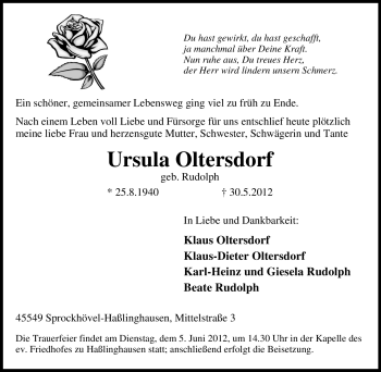 Traueranzeige von Ursula Oltersdorf von Tageszeitung