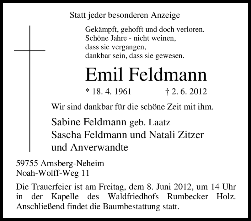  Traueranzeige für Emil Feldmann vom 05.06.2012 aus Tageszeitung