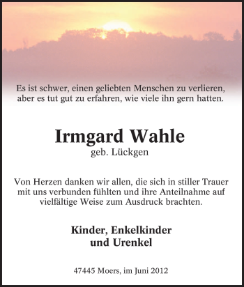 Traueranzeige von Irmgard Wahle von Tageszeitung