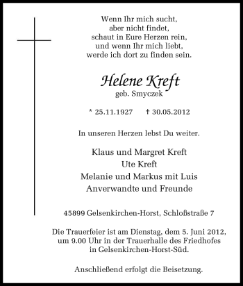 Traueranzeige von Helene Kreft von Tageszeitung