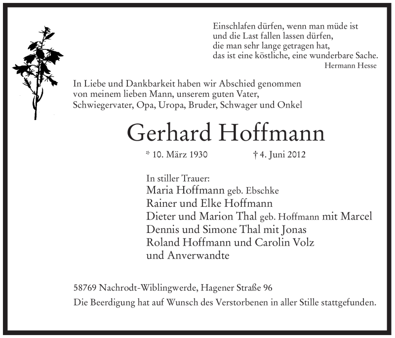  Traueranzeige für Gerhard Hoffmann vom 13.06.2012 aus Tageszeitung