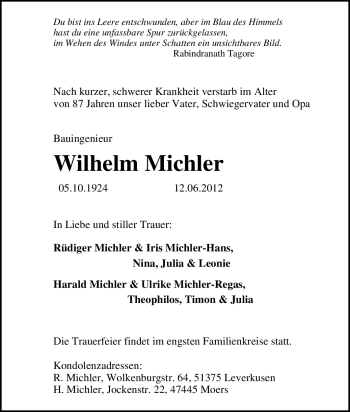Traueranzeige von Wilhelm Michler von Tageszeitung