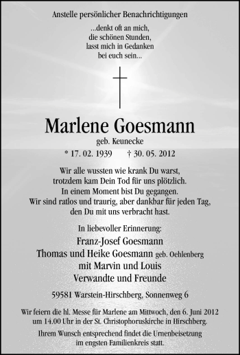 Traueranzeige von Marlene Goesmann von Tageszeitung