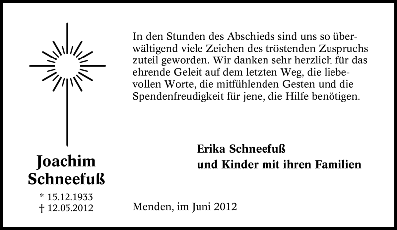  Traueranzeige für Joachim Schneefuß vom 16.06.2012 aus Tageszeitung