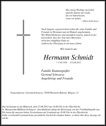 Traueranzeige von Hermann Schmidt von Tageszeitung