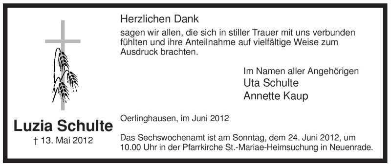  Traueranzeige für Luzia Schulte vom 16.06.2012 aus Tageszeitung