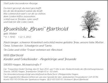 Traueranzeige von Brunhilde Barthold von Tageszeitung