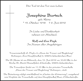 Traueranzeige von Josephine Bartsch von Tageszeitung