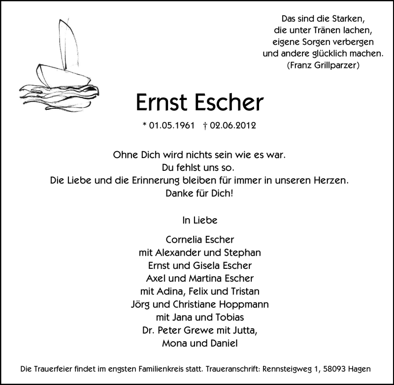  Traueranzeige für Ernst Escher vom 09.06.2012 aus Tageszeitung