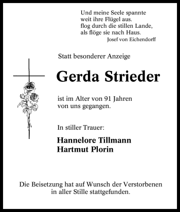 Traueranzeige von Gerda Strieder von Tageszeitung