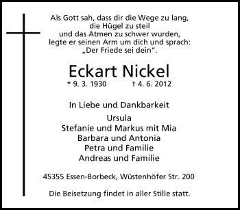 Traueranzeige von Eckart Nickel von Tageszeitung
